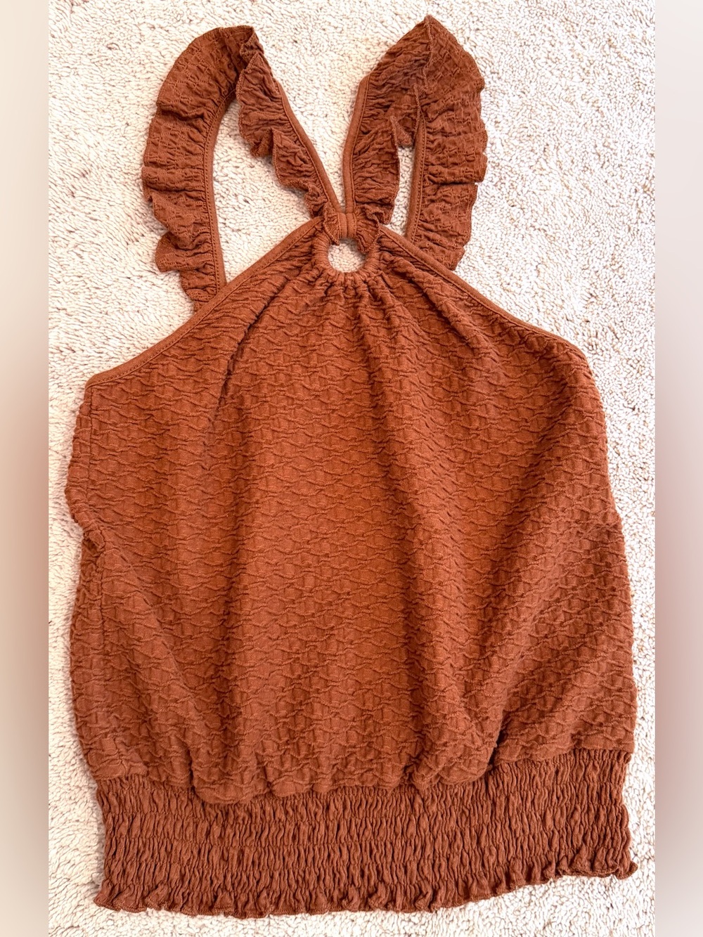 Anthropologie Women's Textured Halter Top with Ruffle Straps and Smocked Hem XS
